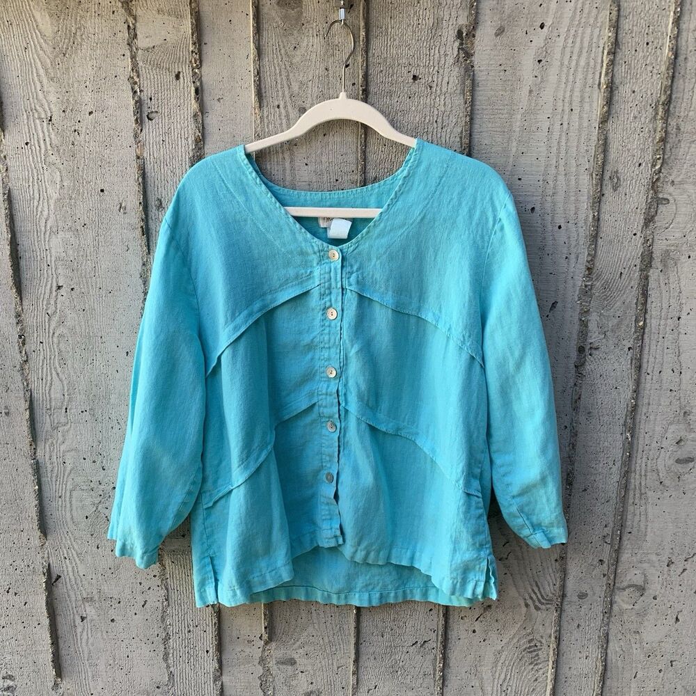 MOSAIC USA 100% Linen Boxy Tiered Button Up Turquoise Lagenlook Coastal Granny L